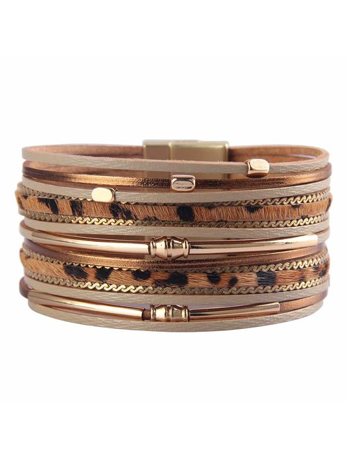 Wovanoo Leather Wrap Bracelets for Women Handmade Cuff Bracelet with Magnetic Buckle Gorgeous Mane Leopard Bangle Gift for Women Teen Girls Sister Mum