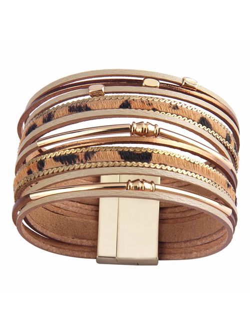Wovanoo Leather Wrap Bracelets for Women Handmade Cuff Bracelet with Magnetic Buckle Gorgeous Mane Leopard Bangle Gift for Women Teen Girls Sister Mum