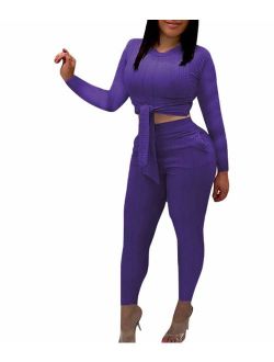 Remelon Womens Short Sleeve Ribbed Tie Up Crop Top Pockets Loose Long Pants Set 2 Piece Outfits Jumpsuits