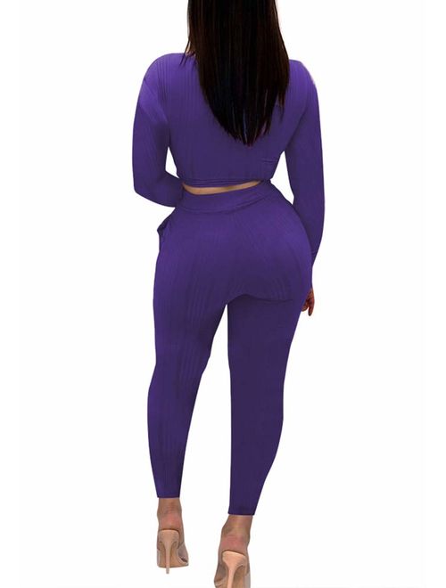 Remelon Womens Short Sleeve Ribbed Tie Up Crop Top Pockets Loose Long Pants Set 2 Piece Outfits Jumpsuits