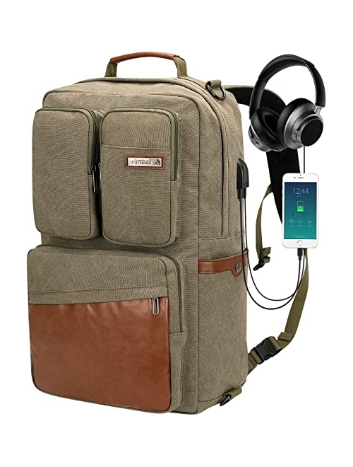 WITZMAN Canvas Backpack with USB Charging Port Large Travel Backpack Luggage Duffel Bag for Airplane Carry On Fit 17 inch Laptop for Men Women (6617 Green)