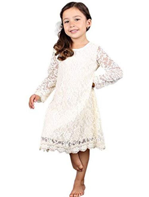 Bow Dream Short Lace Flower Girl Dress with Illusion Sleeves