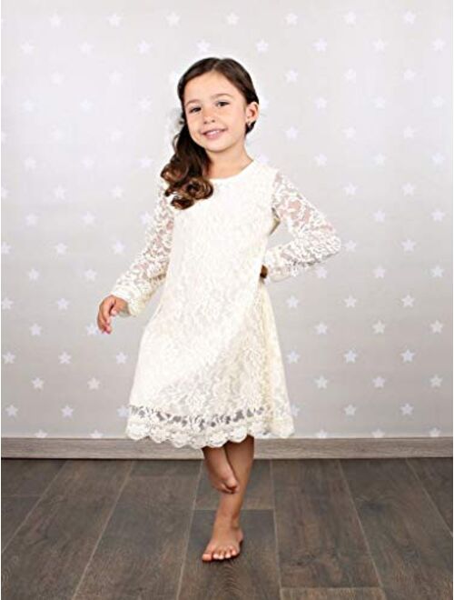 Bow Dream Short Lace Flower Girl Dress with Illusion Sleeves 