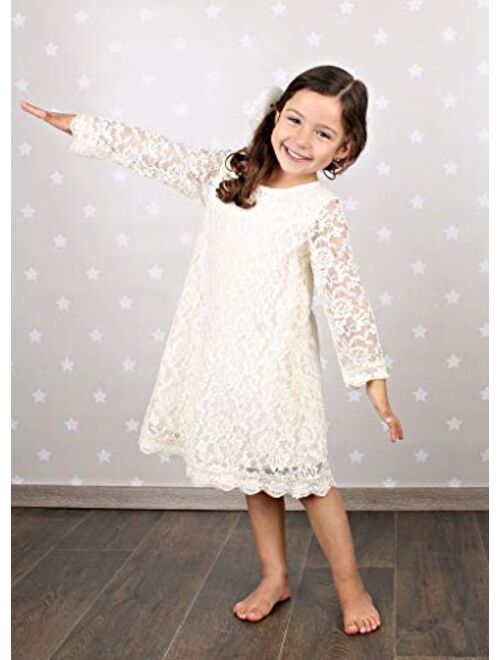 Bow Dream Short Lace Flower Girl Dress with Illusion Sleeves