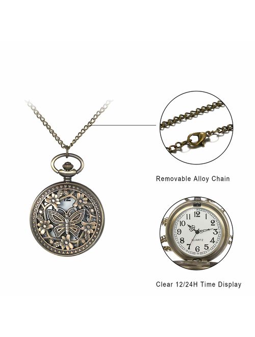 JewelryWe Retro Design Bronze Butterfly Flower Openwork Cover Pocket Quartz Watch with 31.5 Inch Chain