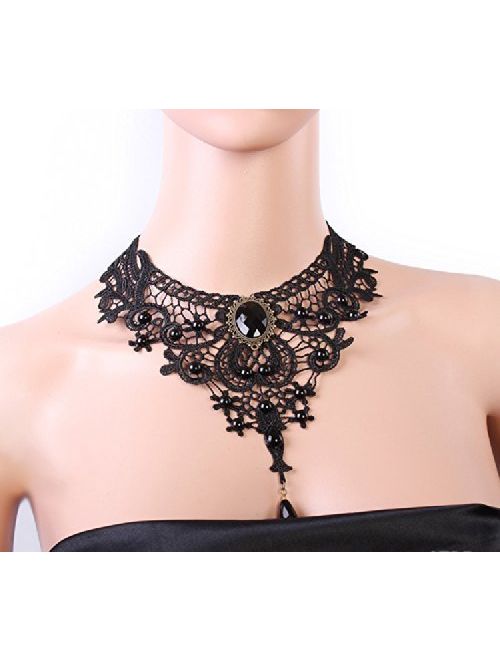 MEiySH Black Lace Gothic Lolita Pendant Choker Necklace Earrings Set