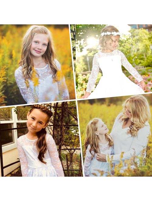 Fancy Ivory White Lace Flower Girl Dress Boho Rustic First Communion Gowns