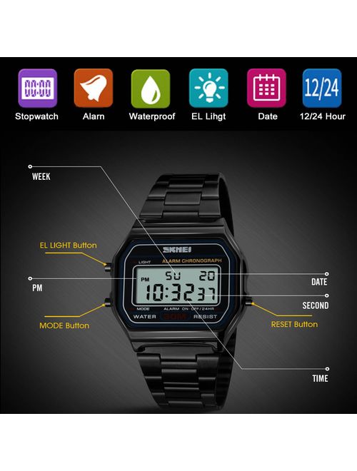 Classic Unisex Women's Men's Digital Multifunction Sports Watch Stainless Steel Band Square Waterproof Electronic Led Watch