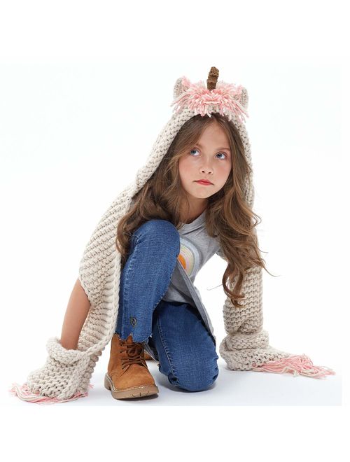 Tacobear Crochet Cartoon Unicorn Winter Hat with Scarf Pocket Hooded Knitting Beanie Cosplay Photography