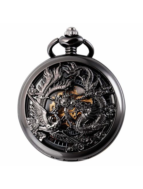 SIBOSUN Mechanical Pocket Watches Mens, Lucky Phoenix and Dragon, Skeleton Pocket Watch, Black Antique Roman Numerals with Gift Box