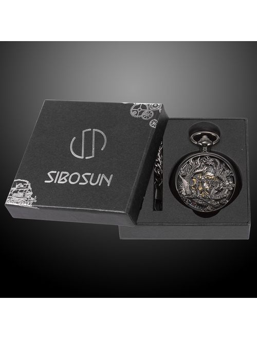 SIBOSUN Mechanical Pocket Watches Mens, Lucky Phoenix and Dragon, Skeleton Pocket Watch, Black Antique Roman Numerals with Gift Box