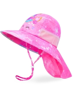 Sylfairy Girls Sun Hat for Kids UV Protection Unicorn Summer Hat Beach Play Hats Wide Brim Neck Flap for Girls Ponytail Hat 2-9 Years