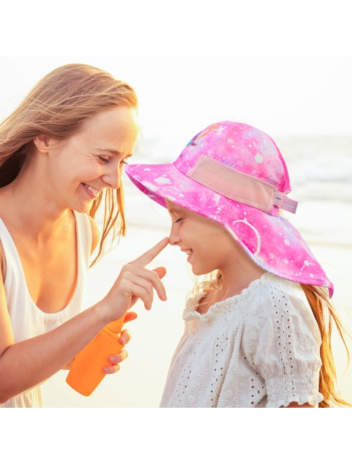 Sylfairy Girls Sun Hat for Kids UV Protection Unicorn Summer Hat Beach Play Hats Wide Brim Neck Flap for Girls Ponytail Hat 2-9 Years