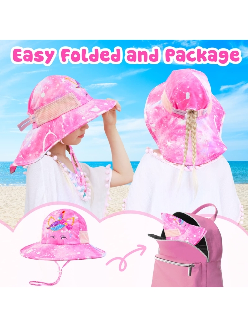 Sylfairy Girls Sun Hat for Kids UV Protection Unicorn Summer Hat Beach Play Hats Wide Brim Neck Flap for Girls Ponytail Hat 2-9 Years