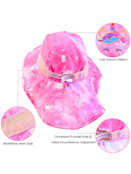 Sylfairy Girls Sun Hat for Kids UV Protection Unicorn Summer Hat Beach Play Hats Wide Brim Neck Flap for Girls Ponytail Hat 2-9 Years