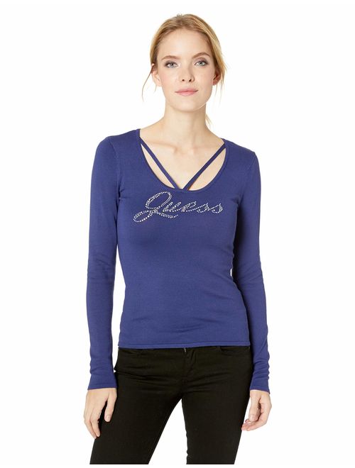 GUESS Women's Long Sleeve Rhinestone Logo Holly Sweater