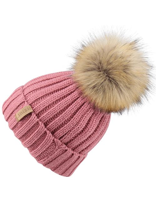 Faux Fur Pom Pom Cap for Kids Toddlers Baby Boys Girls Beanie Hat with Shiny Diamonds RAYSUN Kids Winter Knitted Hats