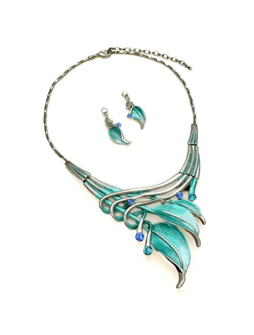 PammyJ Leaf Statement Necklace and Earrings Set, 16" + 3" Ext.