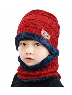 T WILKER 2Pcs Kids Winter Knitted Hats+Scarf Set Warm Fleece Lining Cap 