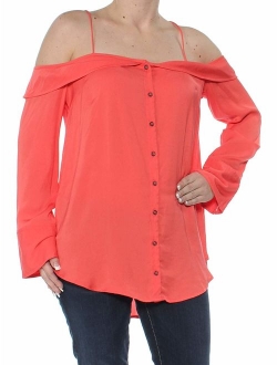 Womens Walk This Way Off-The-Shoulder Cuff Sleeves Button-Down Top