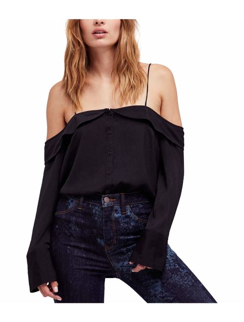 Free People Womens Walk This Way Off-The-Shoulder Cuff Sleeves Button-Down Top