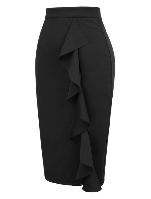 GRACE KARIN Women's Ruffle Bodycon Knee Length Midi Pencil Skirt