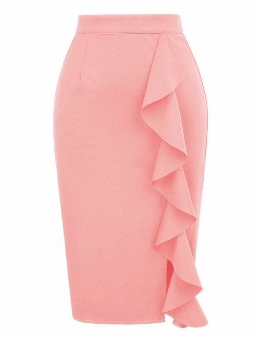 GRACE KARIN Women's Ruffle Bodycon Knee Length Midi Pencil Skirt