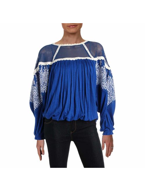Free People Womens Embroidered Mesh Inset Blouse