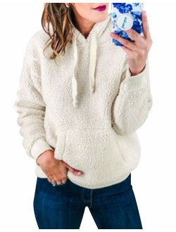 AKEWEI Womens Fuzzy Fleece Hooded Sweatshirt - Warm Pullover Sherpa Sweaters