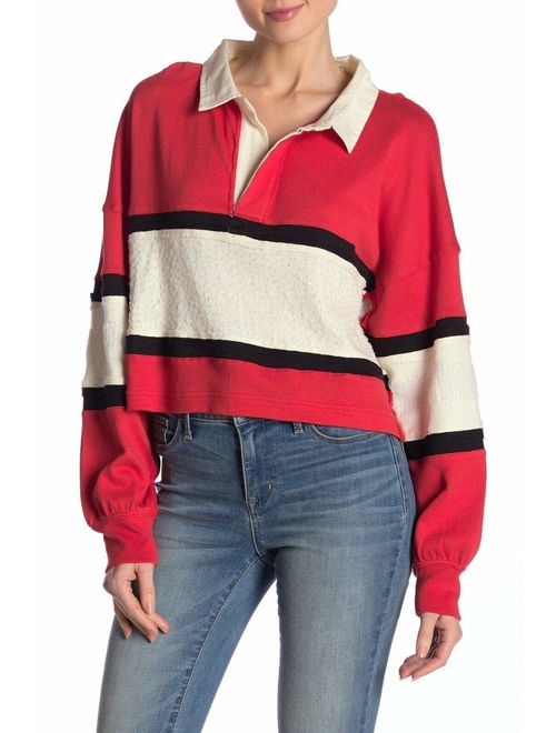 Free People Party Polo Oversized Cropped Long Sleeve Shirt in Red Combo Size Small