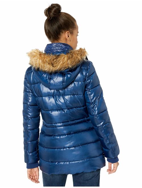 GUESS Women's Hooded Liquid Cire Puffer with Removable Faux Fur Trim