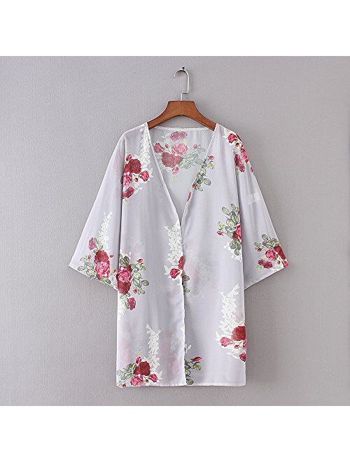 Buy Relipop Women's Sheer Chiffon Blouse Loose Tops Kimono Floral 