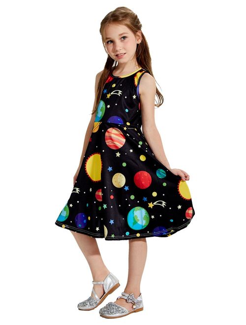 uideazone Girls Sleeveless Dress Round Neck Floral Printed Casual Party Sundress 4-12 Years