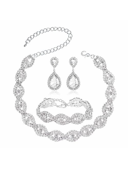 Choker Necklace for Women - Jewelry Sets for Women,Rhinestone Crystal Necklace Link Bracelet Teardrop Dangle Earrings for Women,Party Mother's Day Prom Wedding Fashion Je