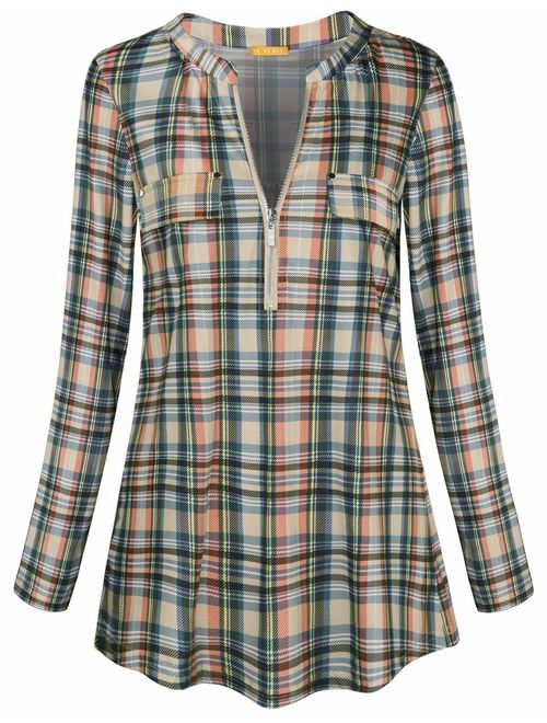 YaYa Bay Women's Notch-V Neck Long Sleeve Roll-Up Sleeve Zip Up Casual Shirt Blouse Tops