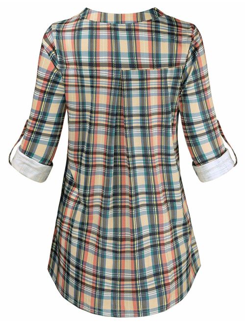 YaYa Bay Women's Notch-V Neck Long Sleeve Roll-Up Sleeve Zip Up Casual Shirt Blouse Tops