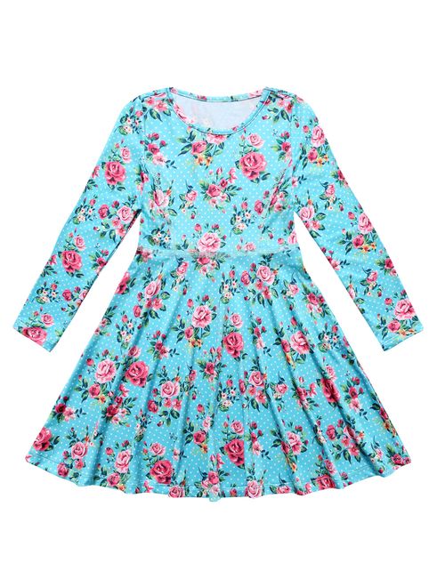 Jxstar Girls Long Sleeve Desss Kid Cat Unicorn Floral Print Outfits