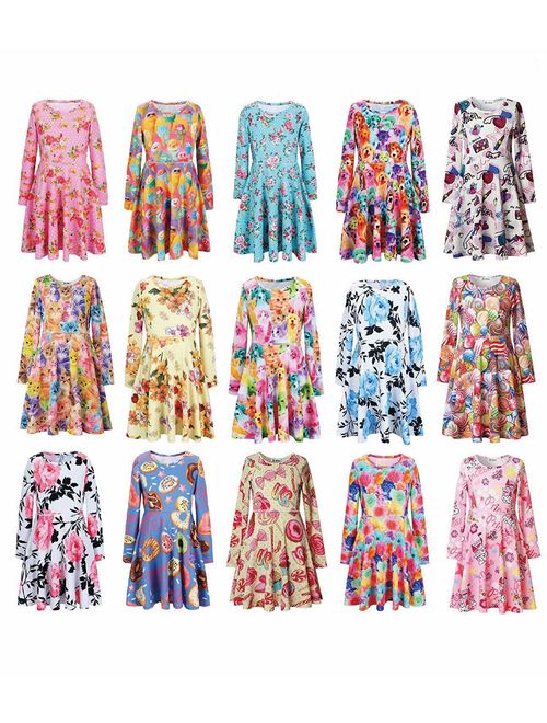 Jxstar Girls Long Sleeve Desss Kid Cat Unicorn Floral Print Outfits