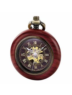 Vintage Wood Mechanical Pocket Watch for Men Women Steampunk Skeleton Dial with Chain   Gift Box
