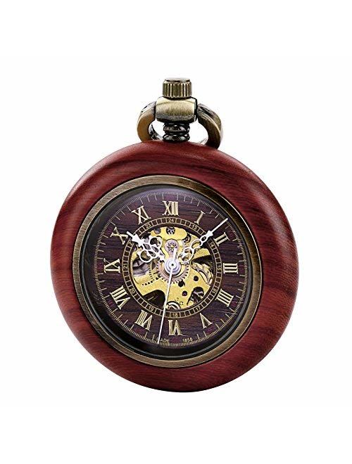 TREEWETO Vintage Wood Mechanical Pocket Watch for Men Women Steampunk Skeleton Dial with Chain + Gift Box