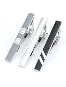 3pc Mens Tie Bar Clip 2.1 Inch, Silver-tone, Black, Gray