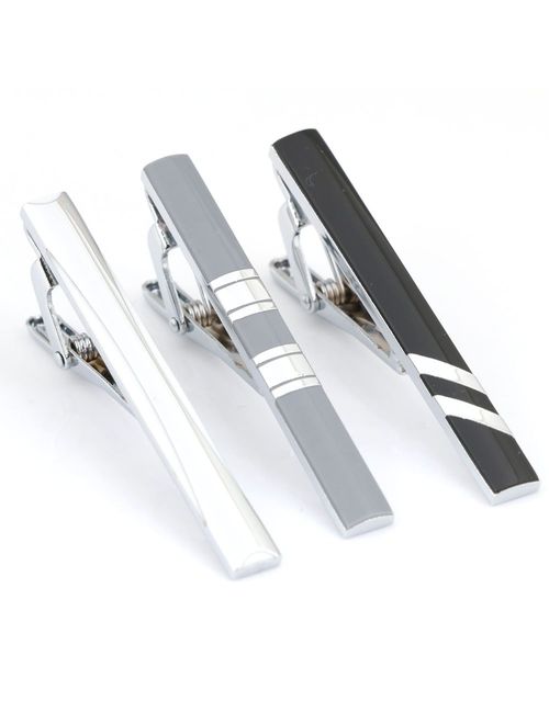 3pc Mens Tie Bar Clip 2.1 Inch, Silver-tone, Black, Gray