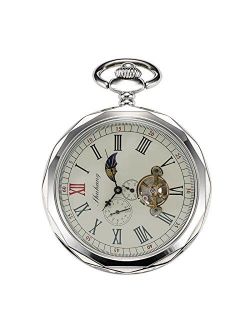 Mechanical Pocket Watches Roman Numerals Open Face with Chain Men 24-Hour Moon Sun   Gift Box