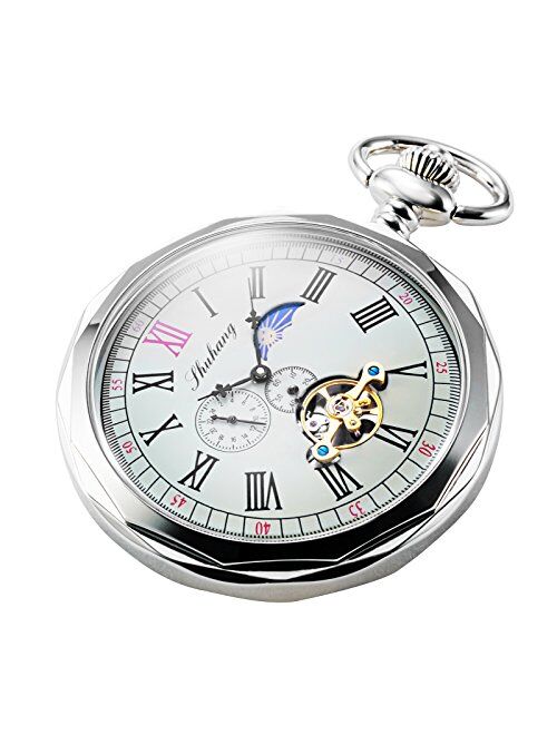 TREEWETO Mechanical Pocket Watches Roman Numerals Open Face with Chain Men 24-Hour Moon Sun + Gift Box