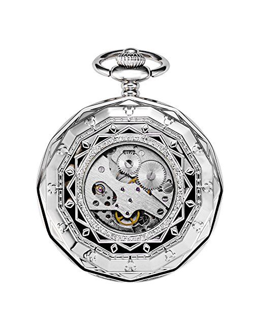 TREEWETO Mechanical Pocket Watches Roman Numerals Open Face with Chain Men 24-Hour Moon Sun + Gift Box