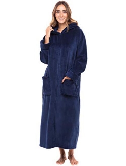 Women's Zip Up Fleece Robe, Warm Loose Sherpa Bathrobe