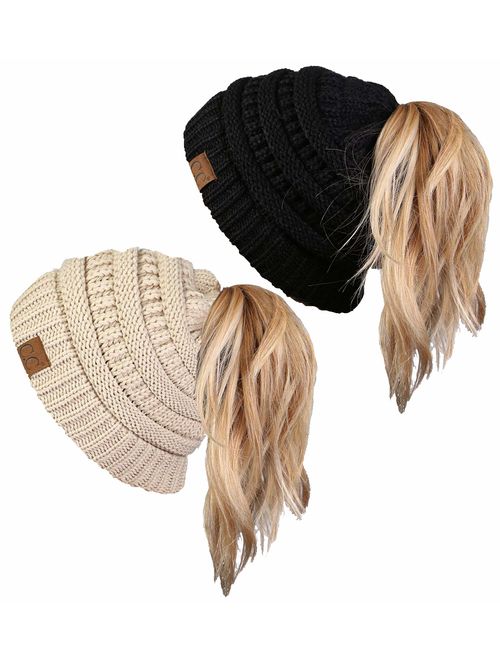 Funky Junque Ponytail Messy Bun BeanieTail Women's Beanie Solid Ribbed Hat Cap