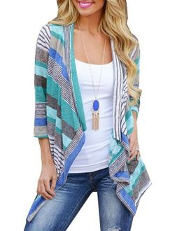 Women's 3/4 Sleeve Cardigans Striped Printed Open Front Draped Kimono Loose Cardigan
