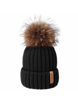 FURTALK Winter Knit Hat Detachable Real Raccoon Fur Pom Pom Womens Girls Warm Knit Beanie Hat