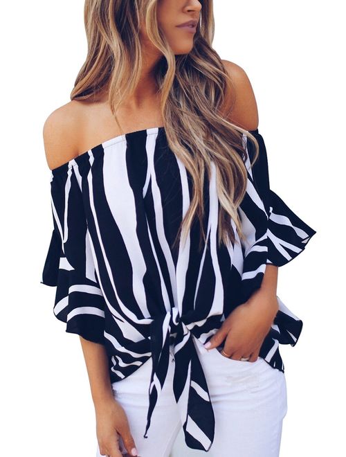 FARYSAYS Women's Striped 3/4 Bell Sleeve Off The Shoulder Front Tie Knot T Shirt Tops Blouse